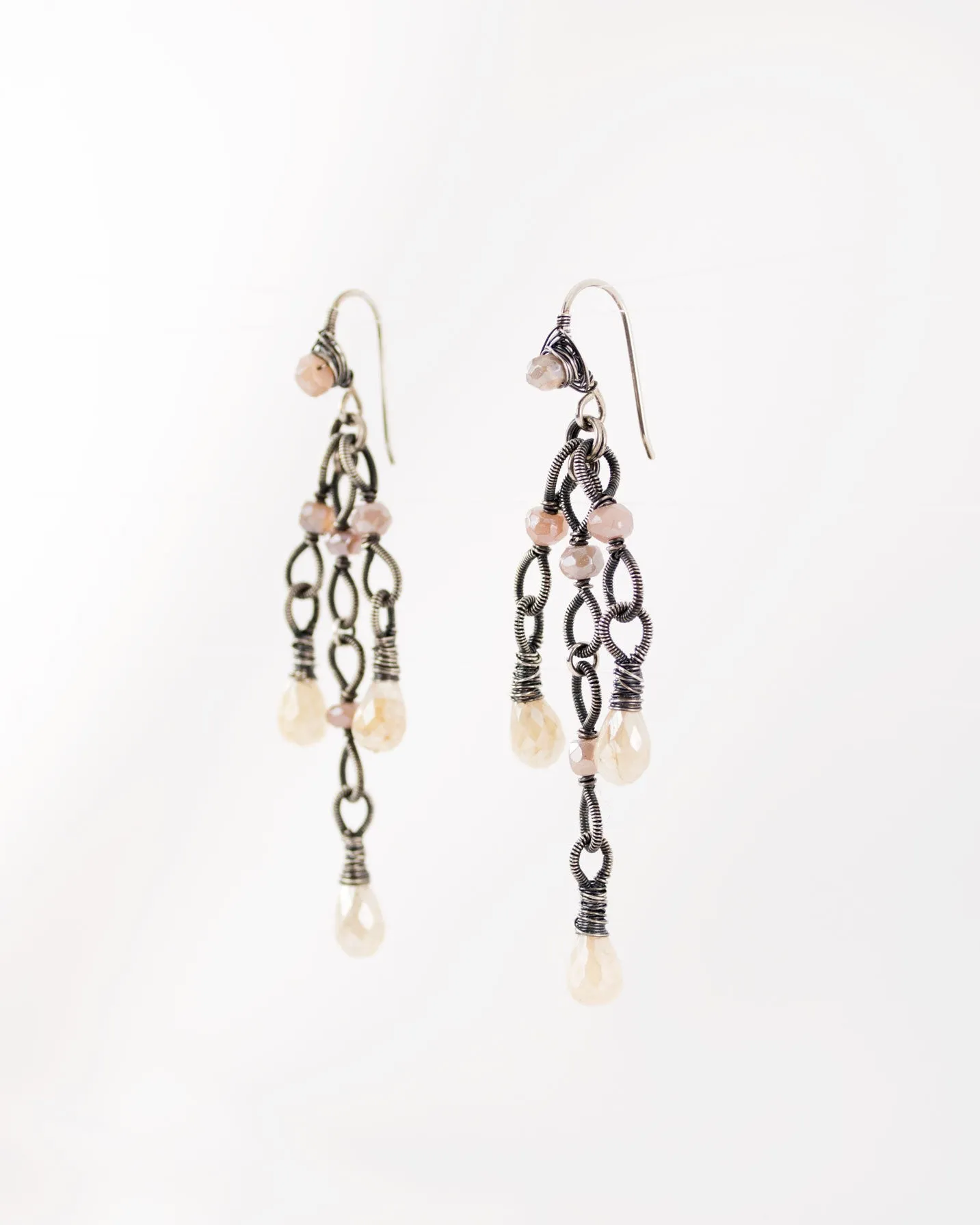 Silver dangle earrings with ivory and blush quartz