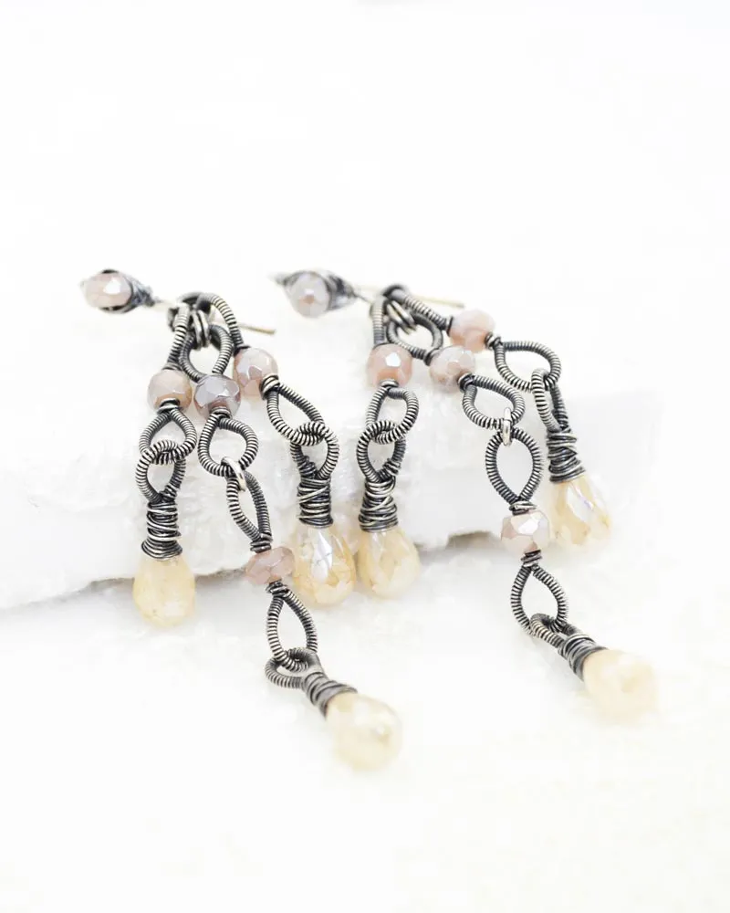 Silver dangle earrings with ivory and blush quartz