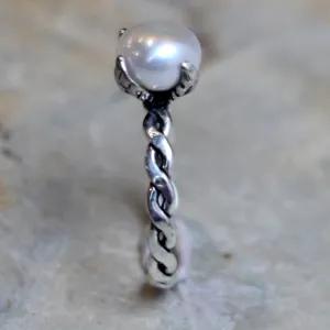 Silver engagement ring for her, sterling silver band, unique engagement ring, nature ring, twig ring, delicate pearl ring - Ice queen R2067