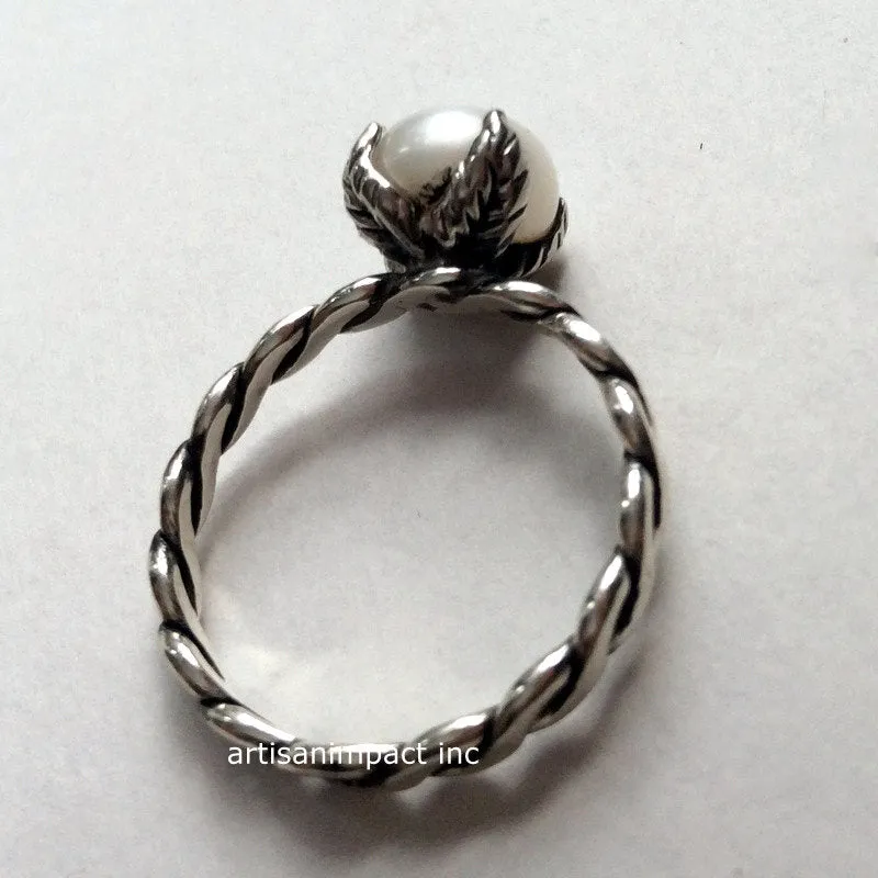 Silver engagement ring for her, sterling silver band, unique engagement ring, nature ring, twig ring, delicate pearl ring - Ice queen R2067