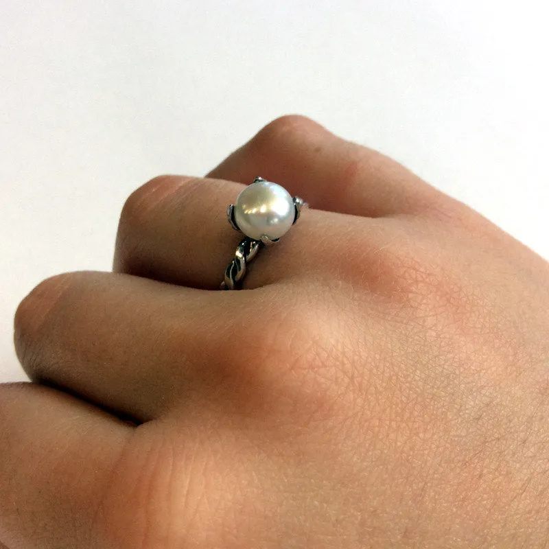 Silver engagement ring for her, sterling silver band, unique engagement ring, nature ring, twig ring, delicate pearl ring - Ice queen R2067