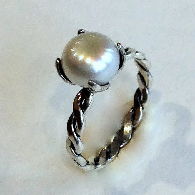 Silver engagement ring for her, sterling silver band, unique engagement ring, nature ring, twig ring, delicate pearl ring - Ice queen R2067