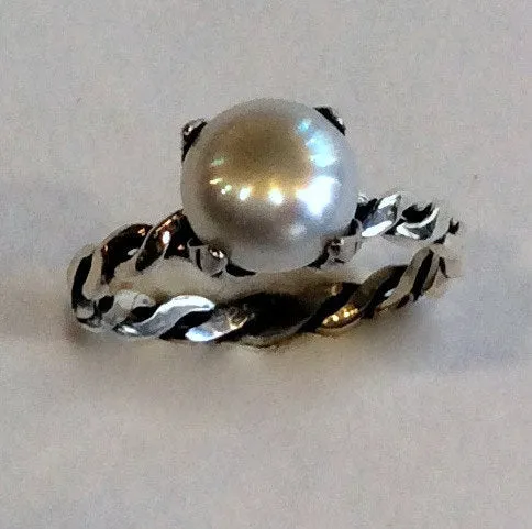 Silver engagement ring for her, sterling silver band, unique engagement ring, nature ring, twig ring, delicate pearl ring - Ice queen R2067