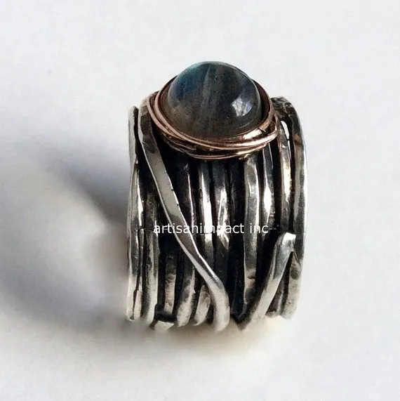 Silver engagement ring, Labradorite ring, wide band, two tones ring, gold nest ring, wire wrap ring, oxidised silver - Visions of you R2119