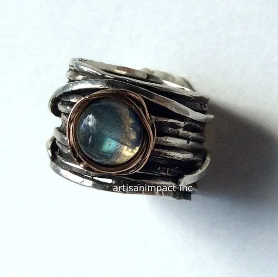 Silver engagement ring, Labradorite ring, wide band, two tones ring, gold nest ring, wire wrap ring, oxidised silver - Visions of you R2119