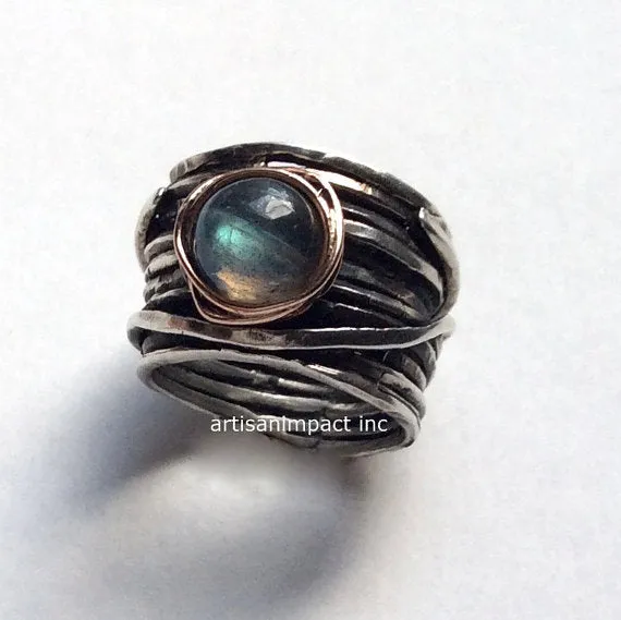 Silver engagement ring, Labradorite ring, wide band, two tones ring, gold nest ring, wire wrap ring, oxidised silver - Visions of you R2119