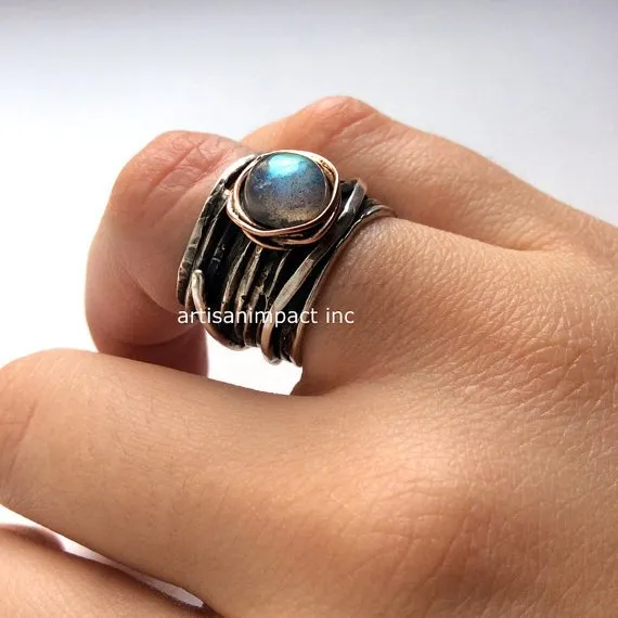 Silver engagement ring, Labradorite ring, wide band, two tones ring, gold nest ring, wire wrap ring, oxidised silver - Visions of you R2119