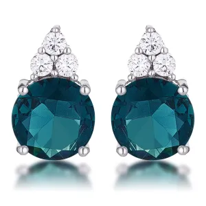 Simple Rhodium Plated 9mm Blue Green CZ Stud Earring