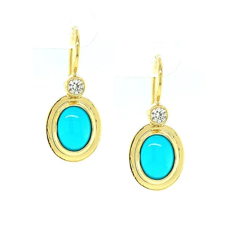 Sleeping Beauty Turquoise and Diamond Yellow Gold Bezel Set Drop Earrings