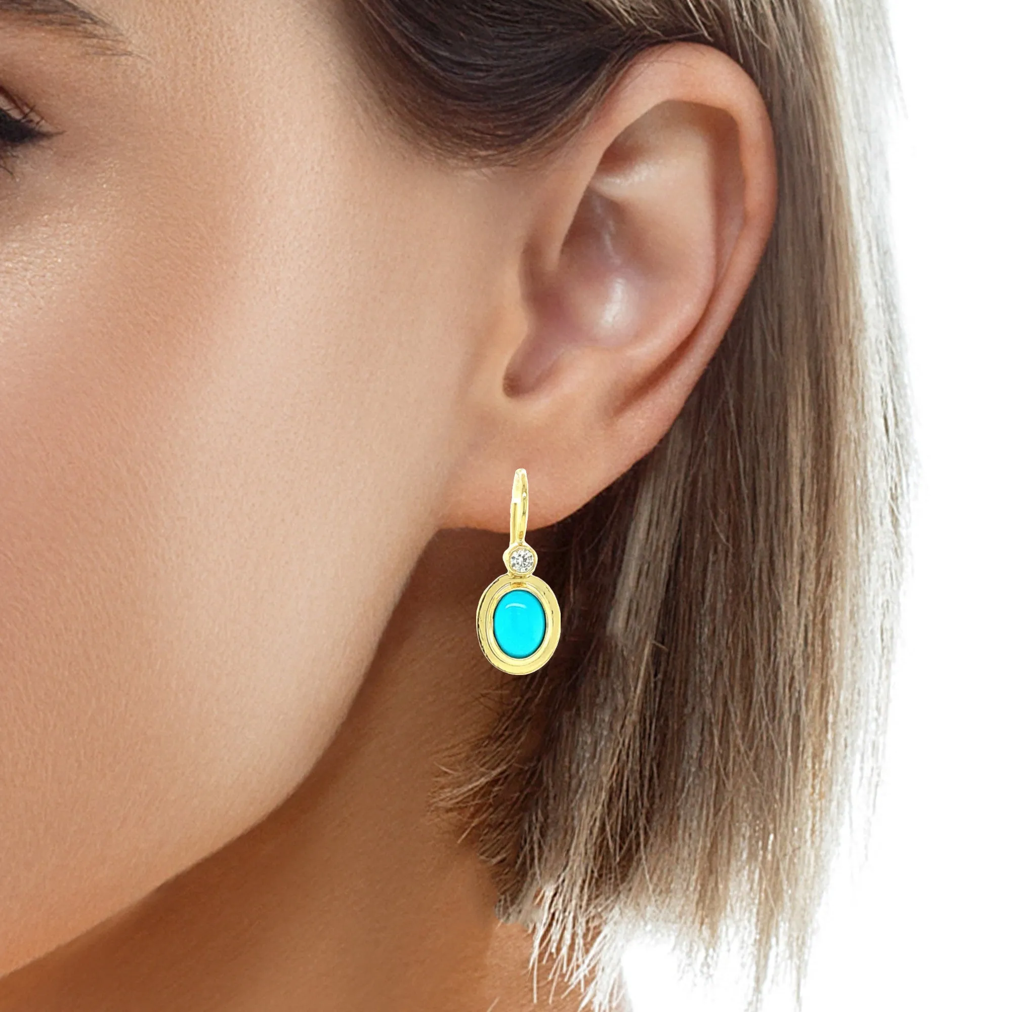 Sleeping Beauty Turquoise and Diamond Yellow Gold Bezel Set Drop Earrings