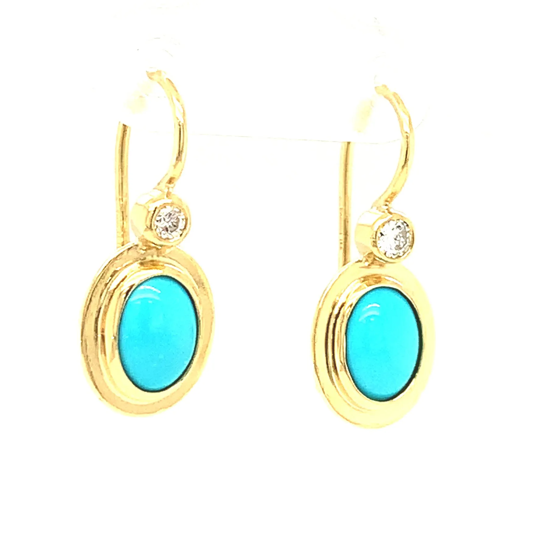 Sleeping Beauty Turquoise and Diamond Yellow Gold Bezel Set Drop Earrings