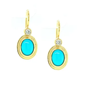 Sleeping Beauty Turquoise and Diamond Yellow Gold Bezel Set Drop Earrings