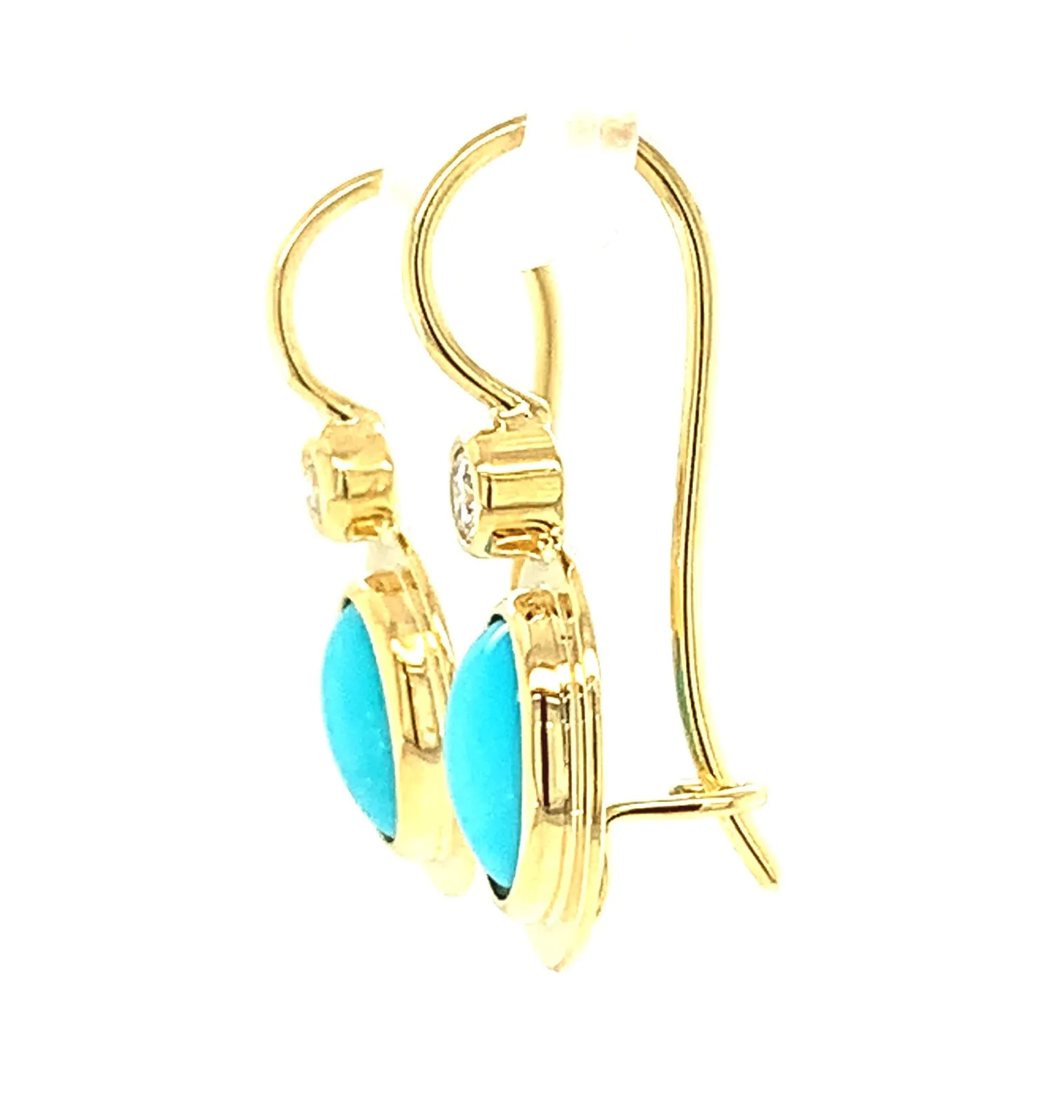 Sleeping Beauty Turquoise and Diamond Yellow Gold Bezel Set Drop Earrings