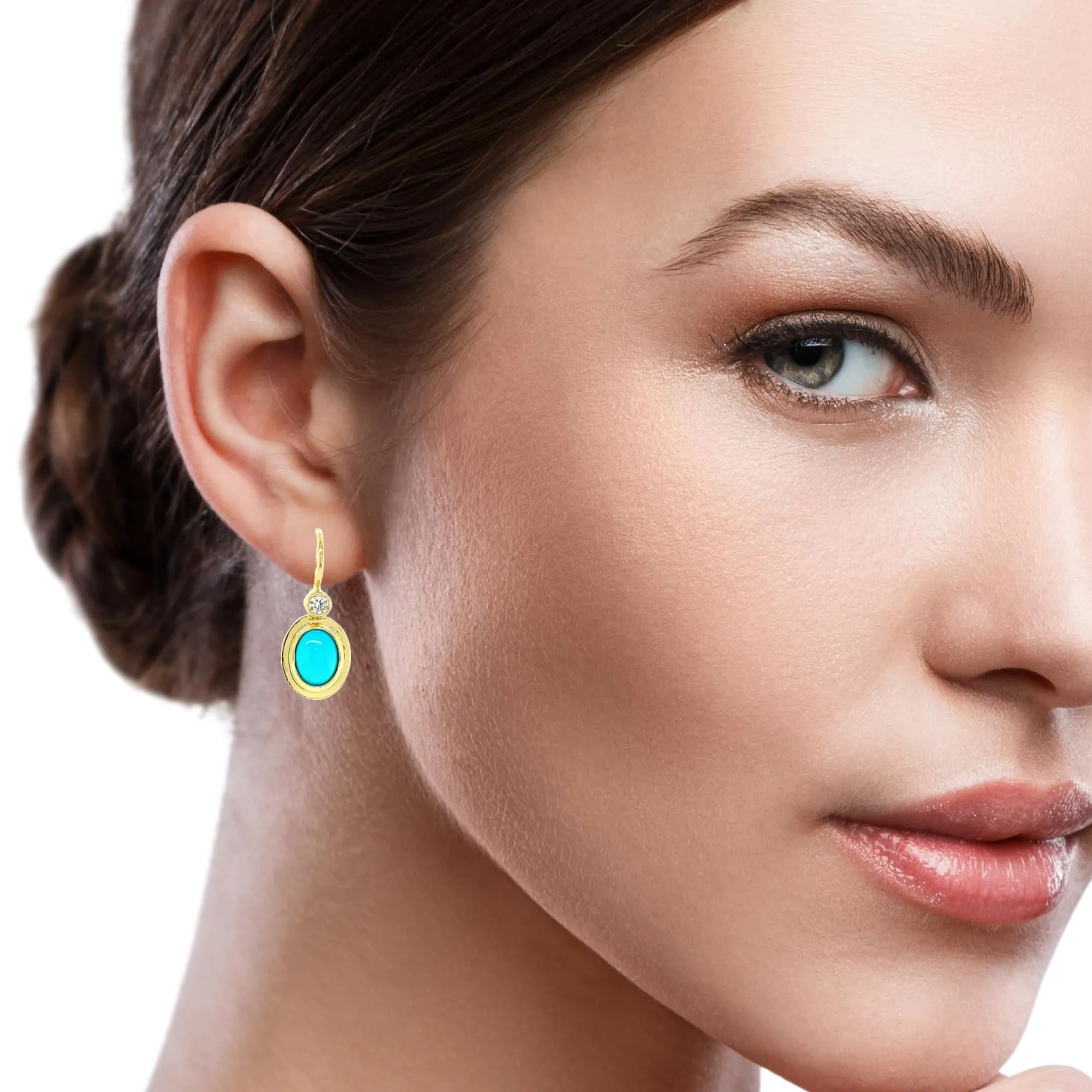 Sleeping Beauty Turquoise and Diamond Yellow Gold Bezel Set Drop Earrings