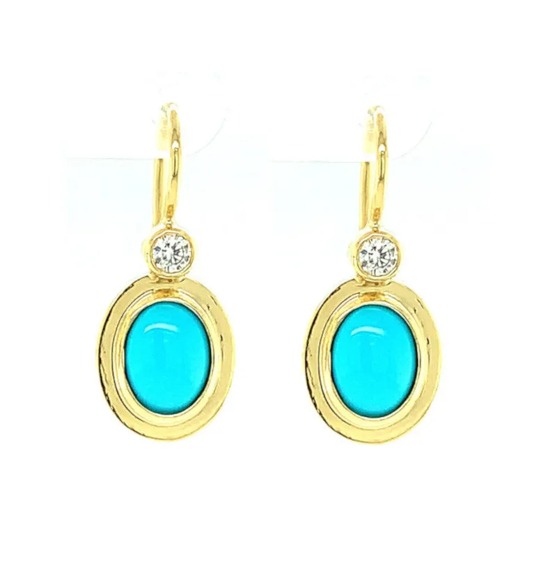 Sleeping Beauty Turquoise and Diamond Yellow Gold Bezel Set Drop Earrings