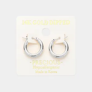 Small 14K White Gold Dipped Silver Metal Hoop Pin Catch Pageant Hoop Earrings | 0.7" | 616170