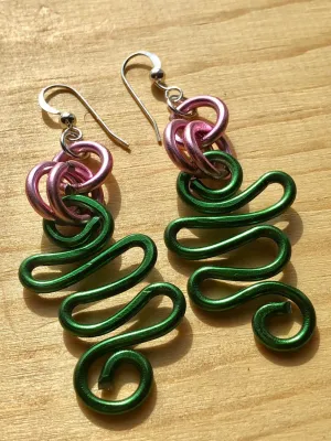 Small Pink and Green Wire Earrings with sterling silver ear wire