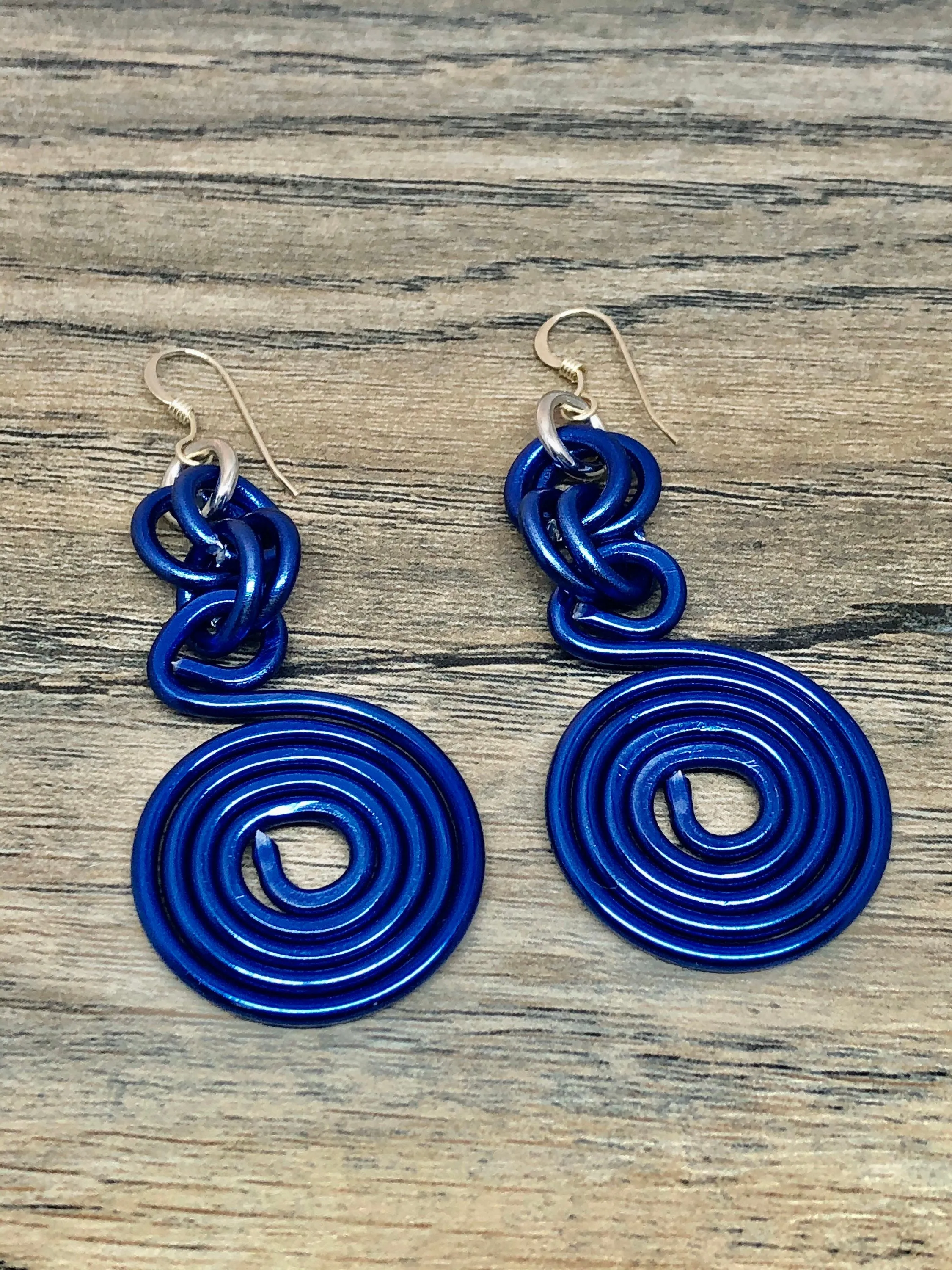 Small Round Blue Aluminum Wire Earrings with Sterling Silver Ear Wire