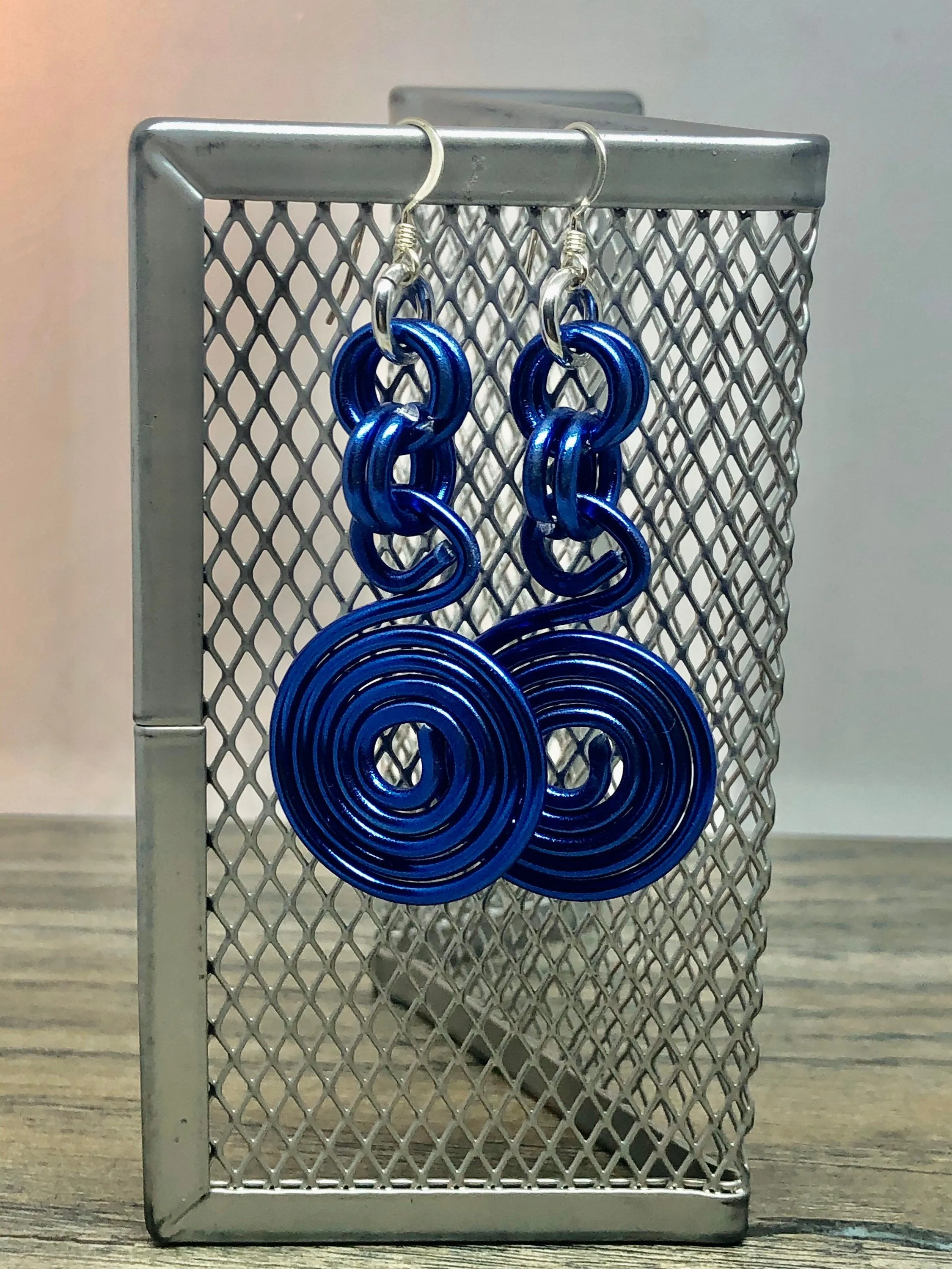 Small Round Blue Aluminum Wire Earrings with Sterling Silver Ear Wire