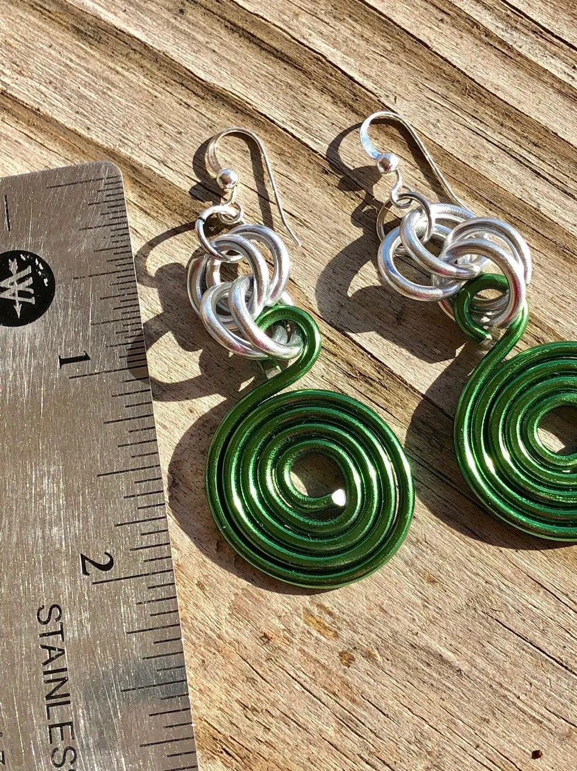 Small Round Green Aluminum Wire Earrings with Sterling Silver Ear Wire