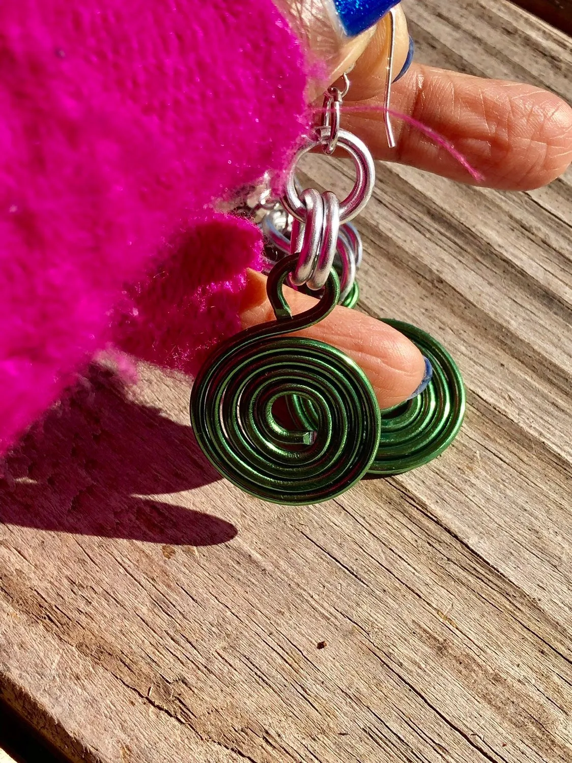Small Round Green Aluminum Wire Earrings with Sterling Silver Ear Wire