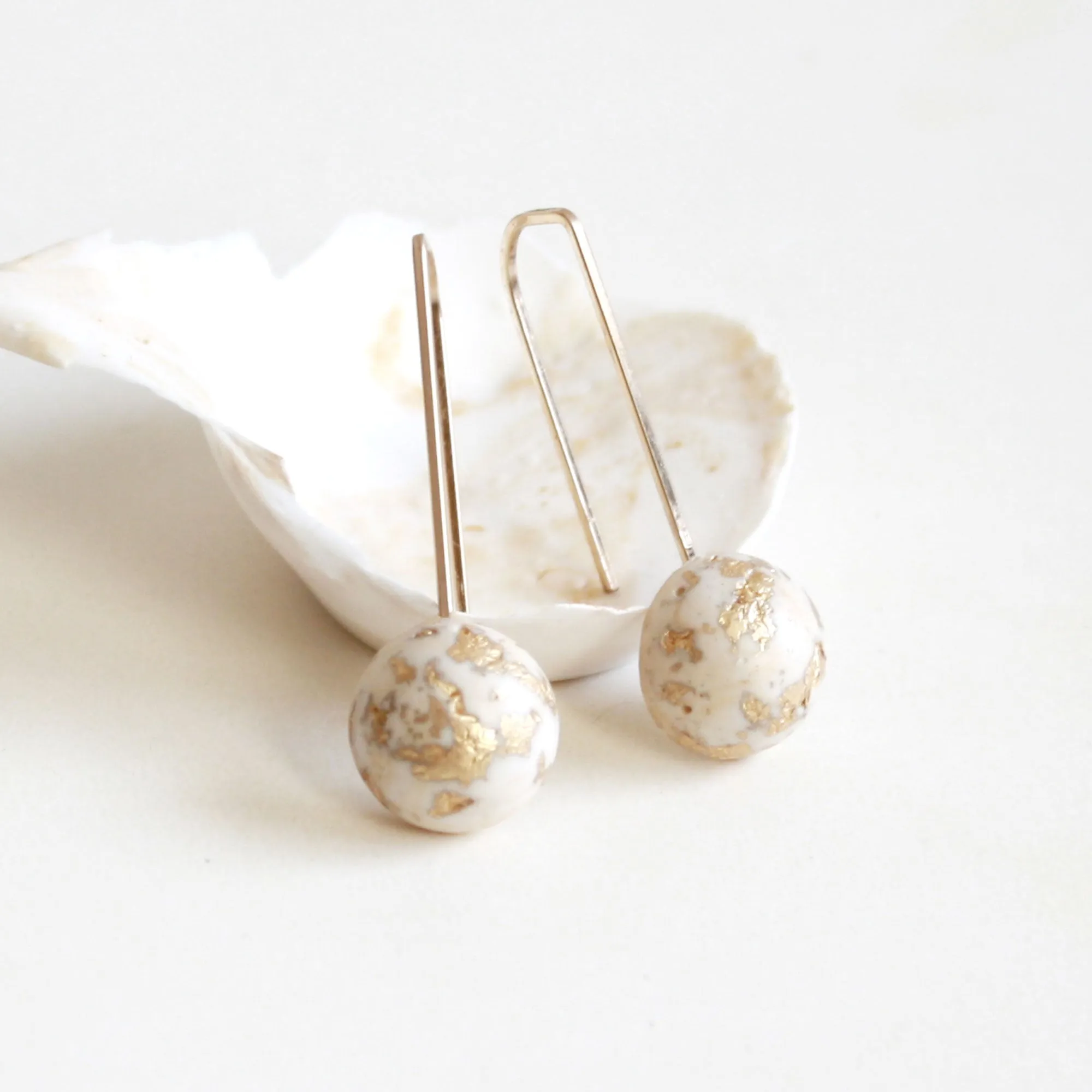 Small White Dome Earrings with Gold Flakes