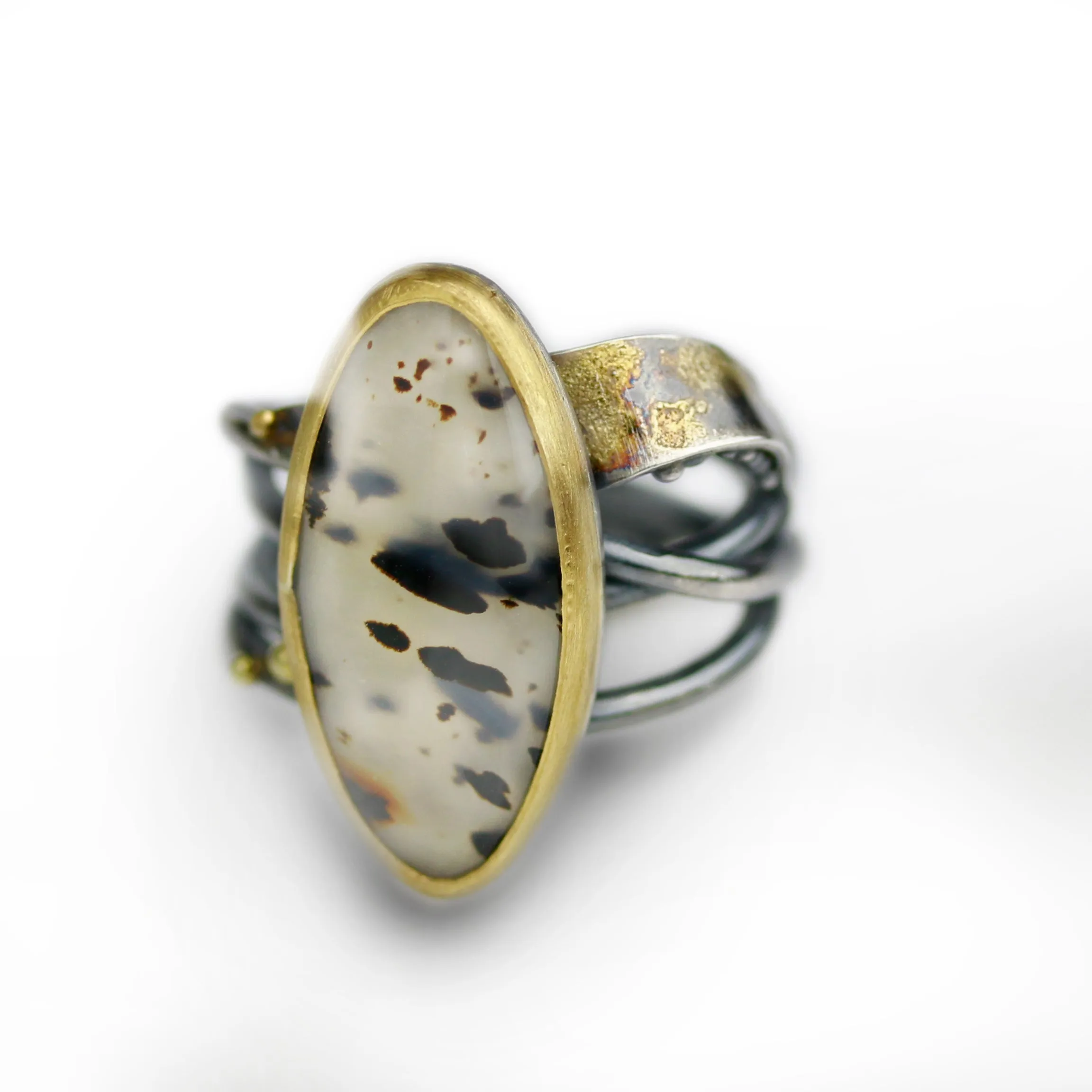 Sold! Montana Moss Agate on a Swirled Band. Size 7 1/4.