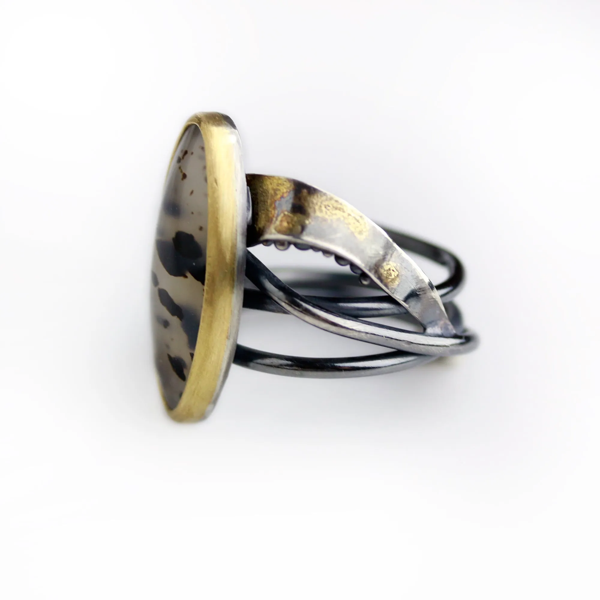 Sold! Montana Moss Agate on a Swirled Band. Size 7 1/4.