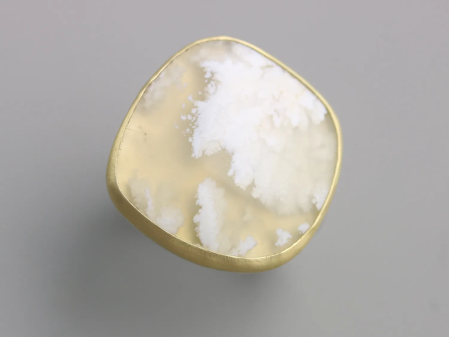 Sold! Snow in Summer . White Plume Agate Statement Ring on Swirled Band . 22k Gold and Silver . US size 7.5 .
