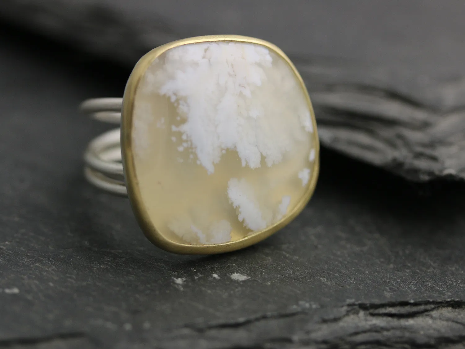 Sold! Snow in Summer . White Plume Agate Statement Ring on Swirled Band . 22k Gold and Silver . US size 7.5 .