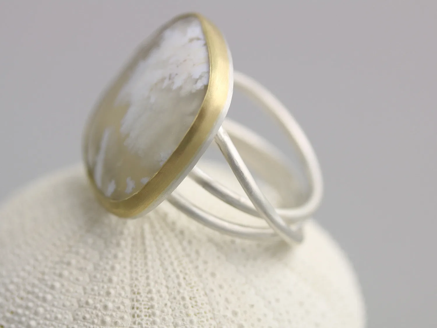 Sold! Snow in Summer . White Plume Agate Statement Ring on Swirled Band . 22k Gold and Silver . US size 7.5 .
