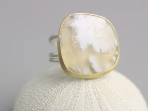 Sold! Snow in Summer . White Plume Agate Statement Ring on Swirled Band . 22k Gold and Silver . US size 7.5 .