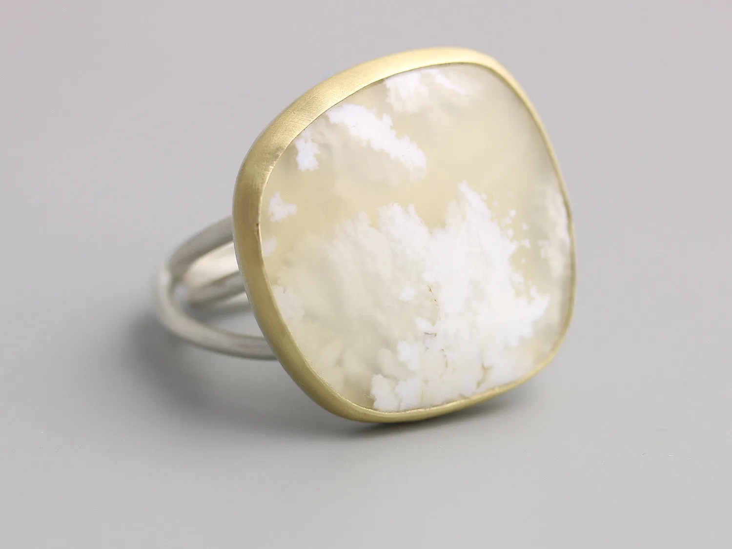 Sold! Snow in Summer . White Plume Agate Statement Ring on Swirled Band . 22k Gold and Silver . US size 7.5 .