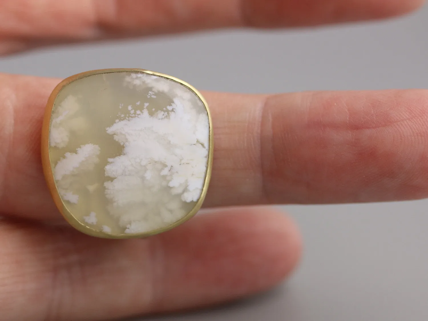 Sold! Snow in Summer . White Plume Agate Statement Ring on Swirled Band . 22k Gold and Silver . US size 7.5 .