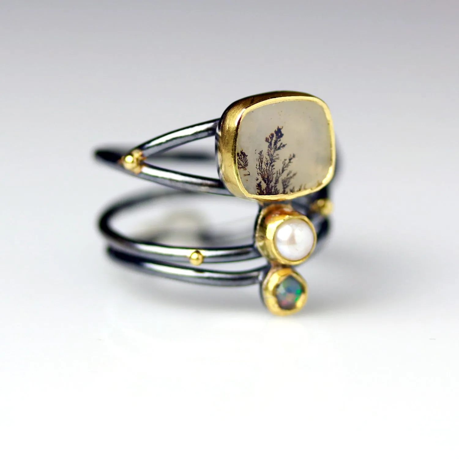 SOLD  Stacked Dendritic Agate, Pearl and Opal. Size 6.