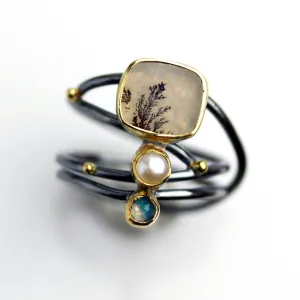 SOLD  Stacked Dendritic Agate, Pearl and Opal. Size 6.