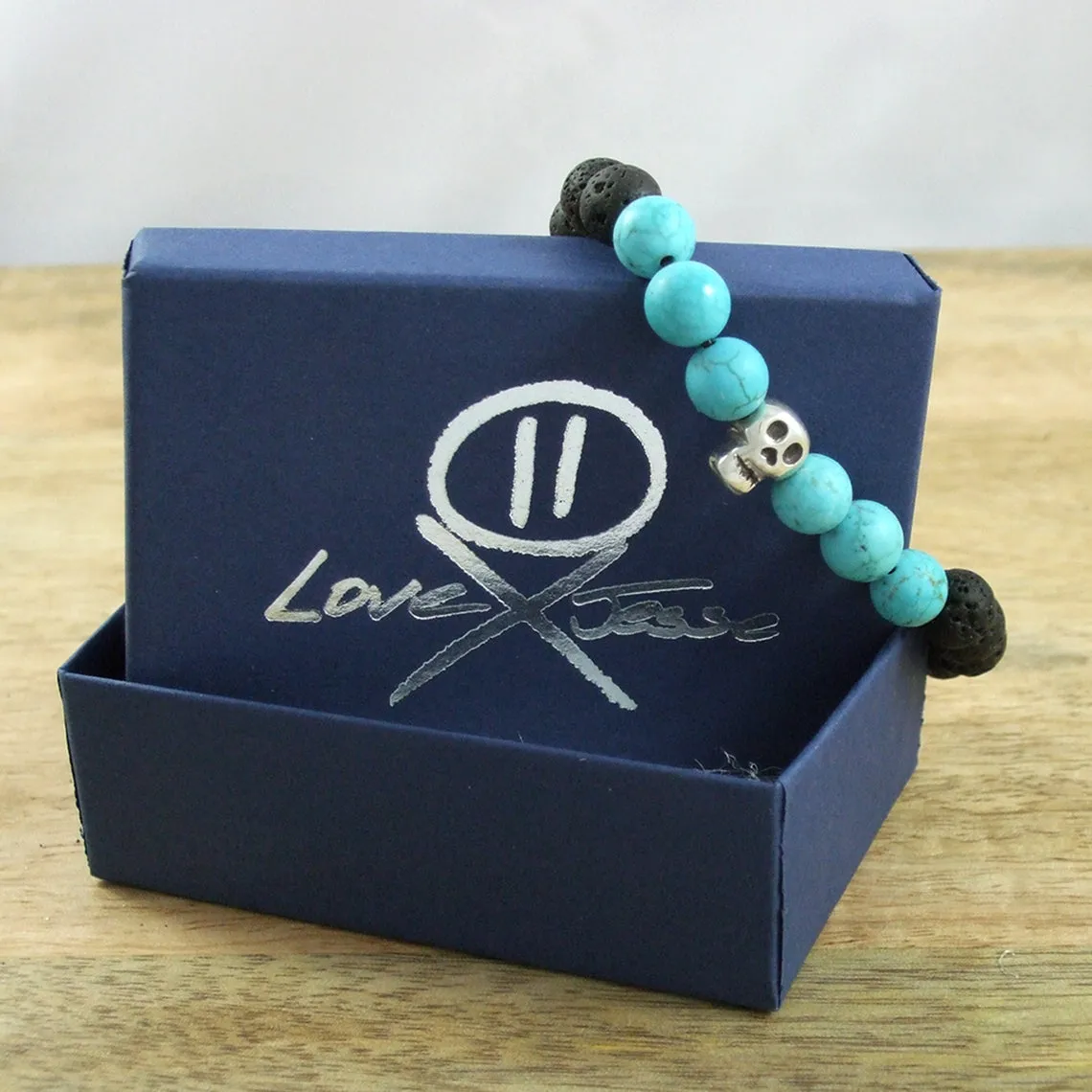 Solid Sterling Silver Skull - Gemstone and Lava Bead Diffuser Bracelet
