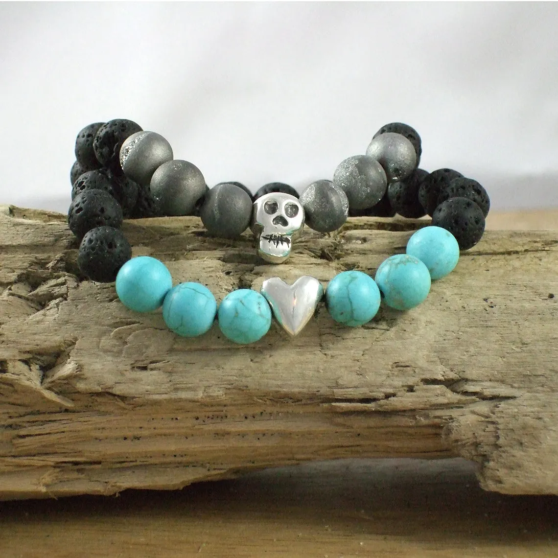 Solid Sterling Silver Skull - Gemstone and Lava Bead Diffuser Bracelet