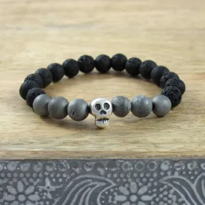 Solid Sterling Silver Skull - Gemstone and Lava Bead Diffuser Bracelet