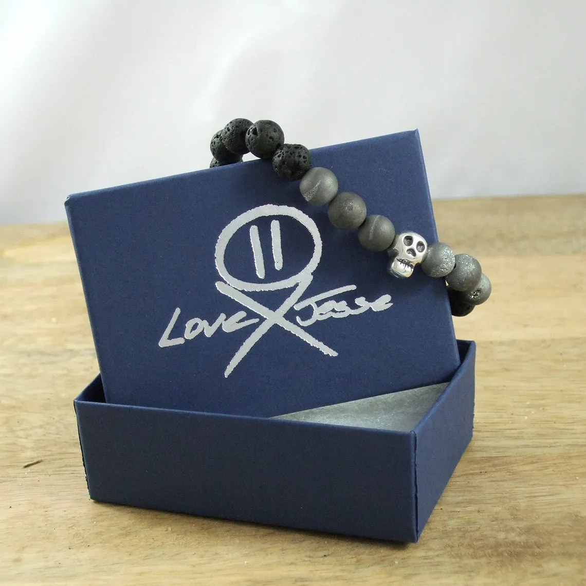 Solid Sterling Silver Skull - Gemstone and Lava Bead Diffuser Bracelet