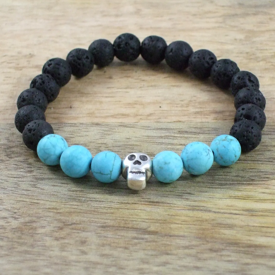 Solid Sterling Silver Skull - Gemstone and Lava Bead Diffuser Bracelet