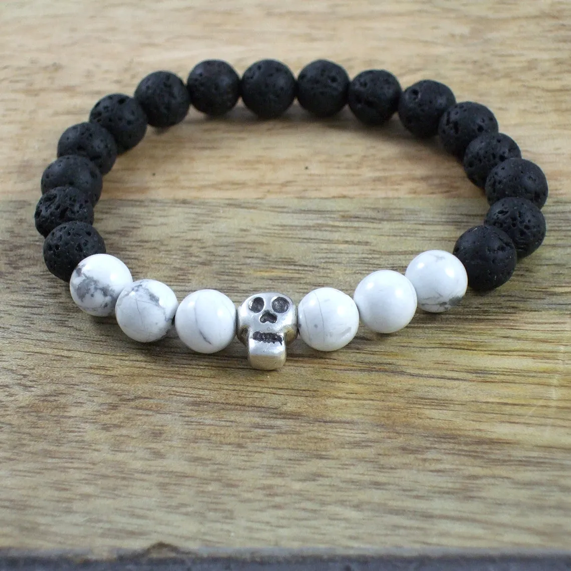 Solid Sterling Silver Skull - Gemstone and Lava Bead Diffuser Bracelet