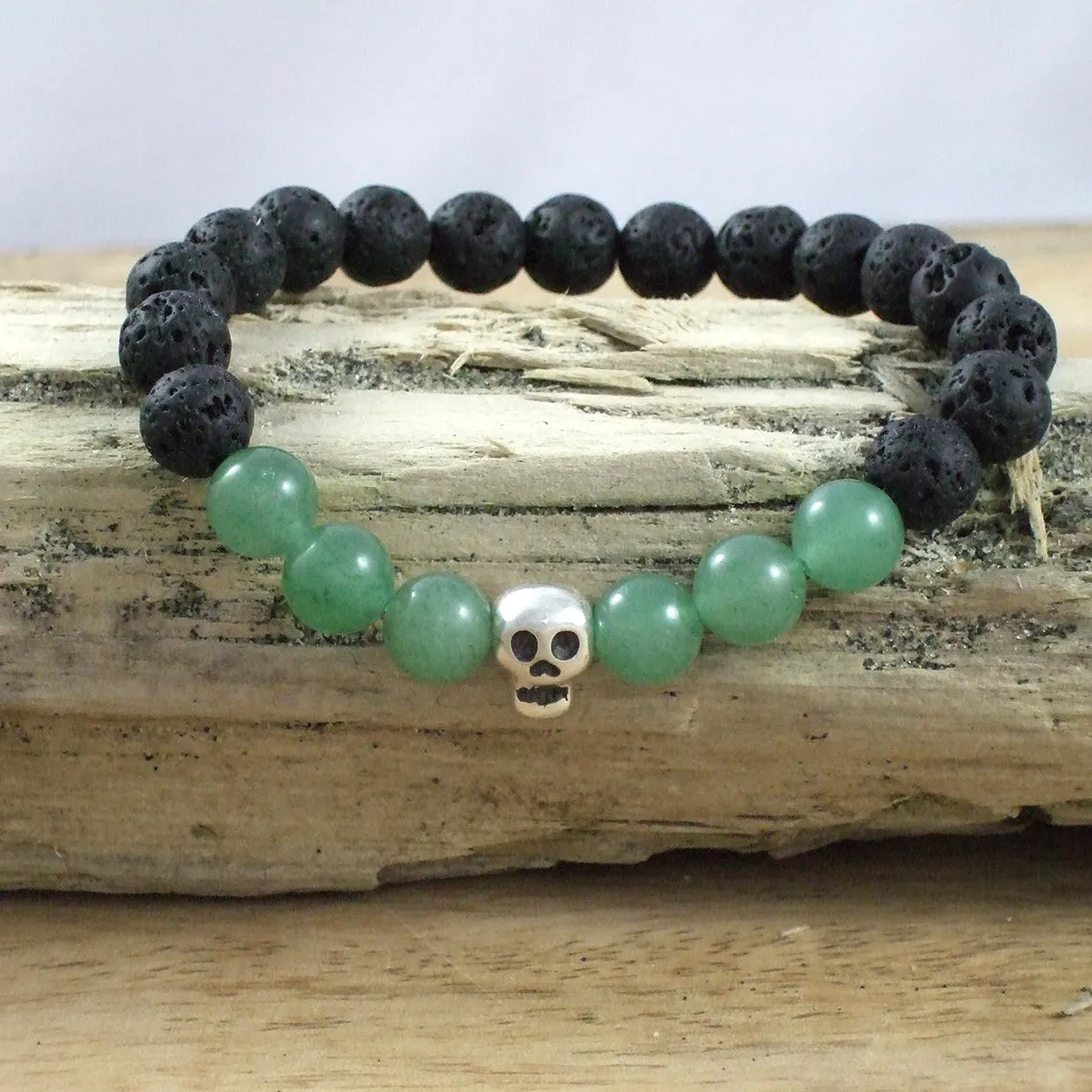 Solid Sterling Silver Skull - Gemstone and Lava Bead Diffuser Bracelet