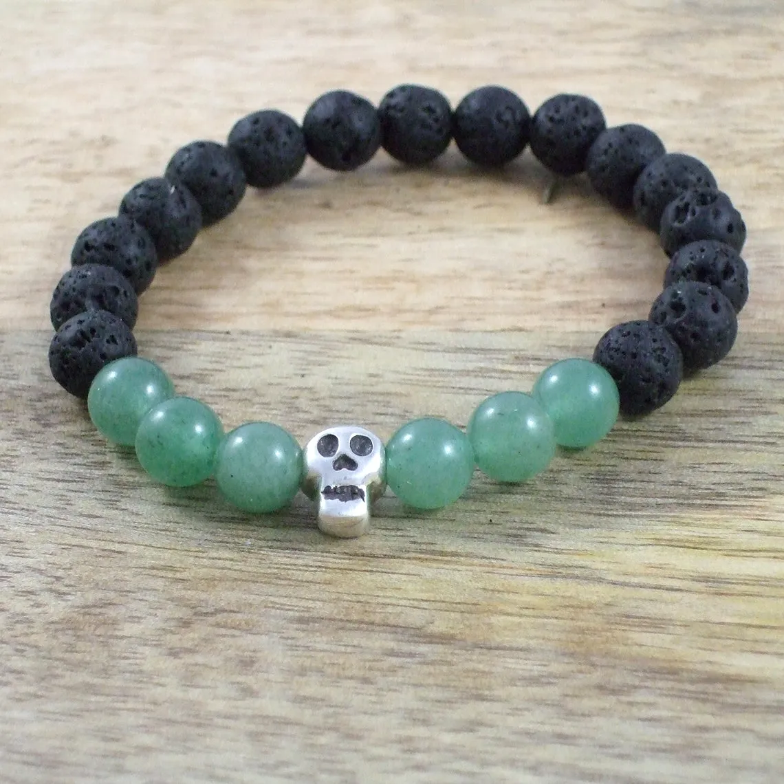 Solid Sterling Silver Skull - Gemstone and Lava Bead Diffuser Bracelet
