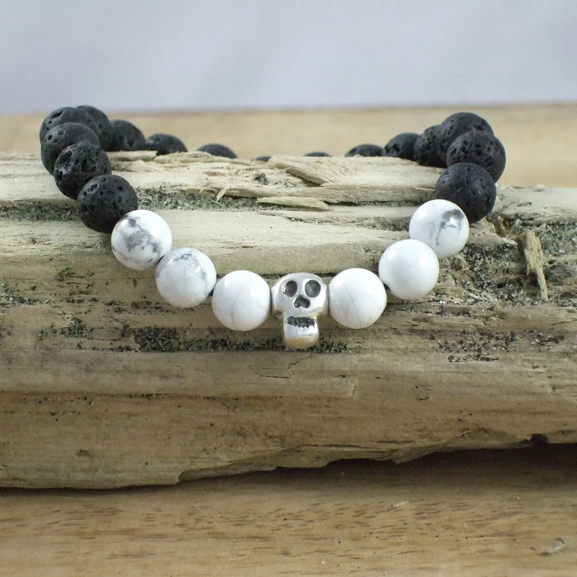Solid Sterling Silver Skull - Gemstone and Lava Bead Diffuser Bracelet