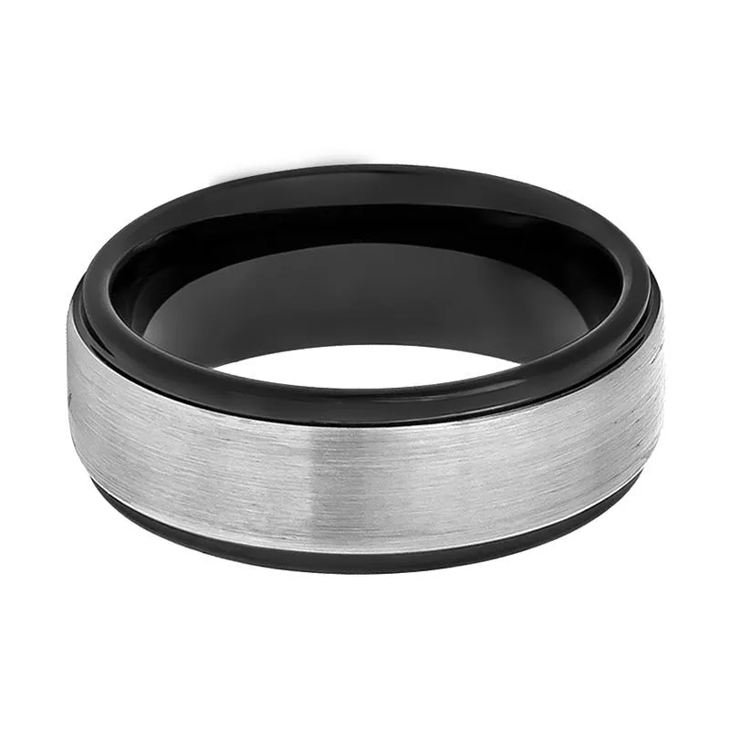 SPHERE | Black Tungsten Ring, Grey Brushed Center, Stepped Edge