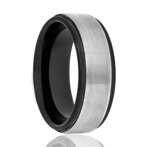 SPHERE | Black Tungsten Ring, Grey Brushed Center, Stepped Edge