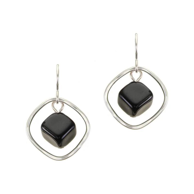 Square Ring with Black Cube Bead Wire Earrings