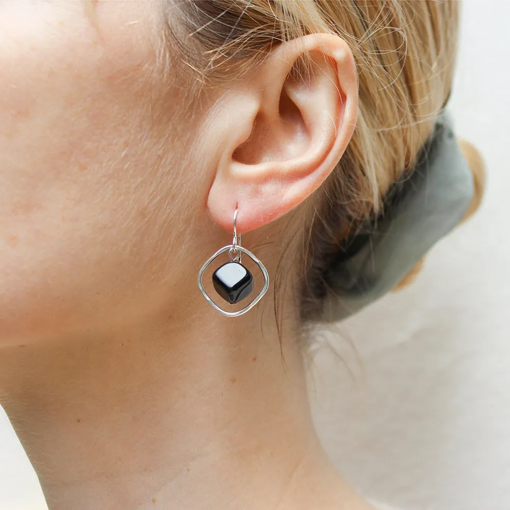 Square Ring with Black Cube Bead Wire Earrings