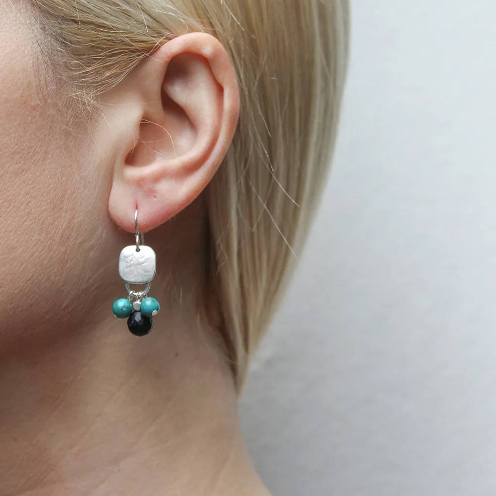 Square with Turquoise and Black Beads Wire Earrings